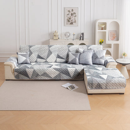 Elira Series Quilted One-Piece L Shape Sofa Cover Mat with Left and Right Chaise, Snow White Black Geometry
