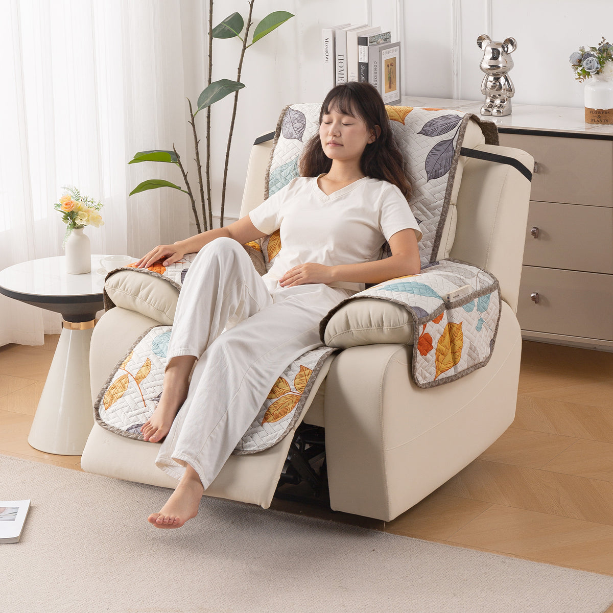 Quilted Cover for Recliner Sofa with SecureFit Belt & Side Pocket, Multicolor Leaves