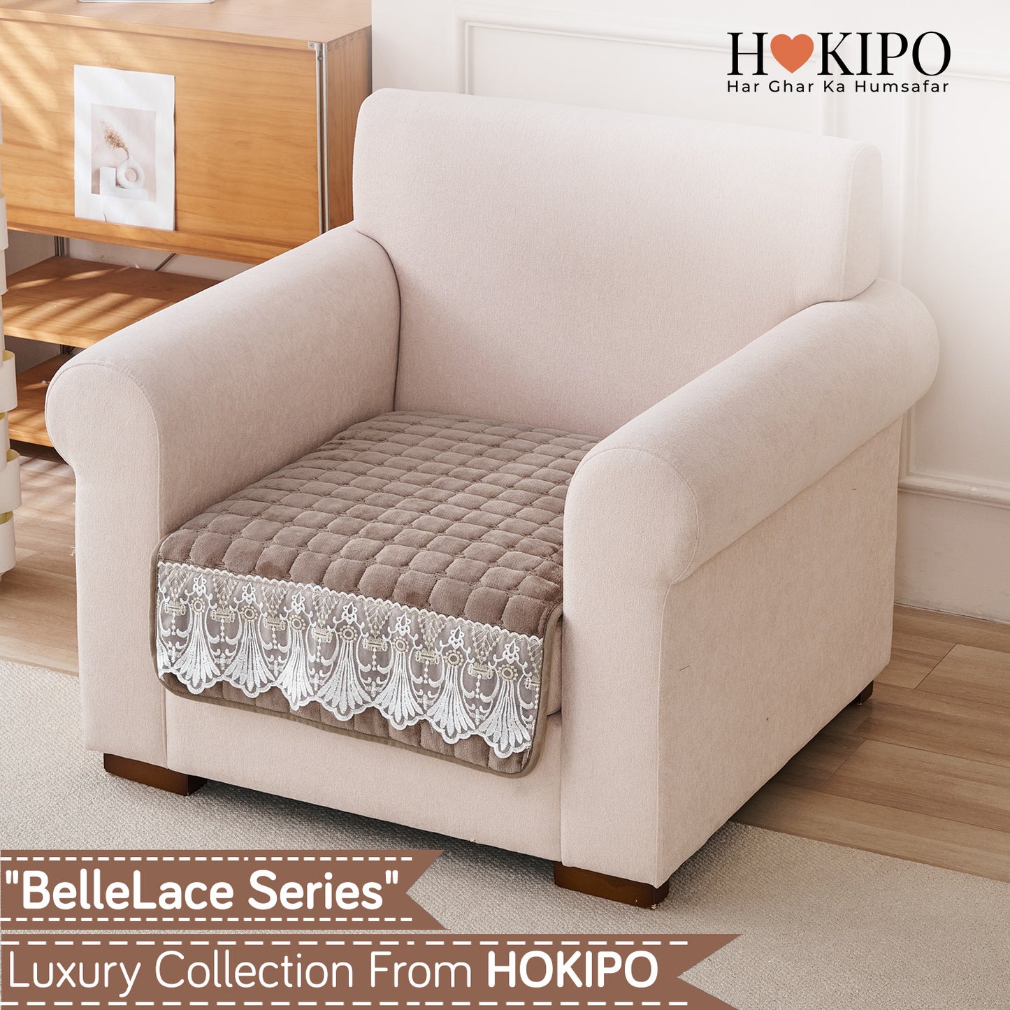 BelleLace Series Premium Imperial Milk Velvet Sofa Cover Mat with Lace Design -  Mocha Brown