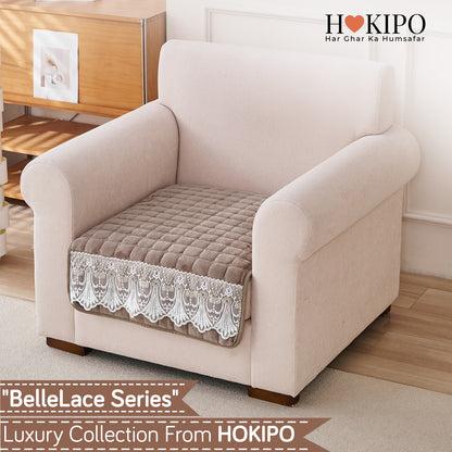 BelleLace Series Premium Imperial Milk Velvet Sofa Cover Mat with Lace Design -  Mocha Brown
