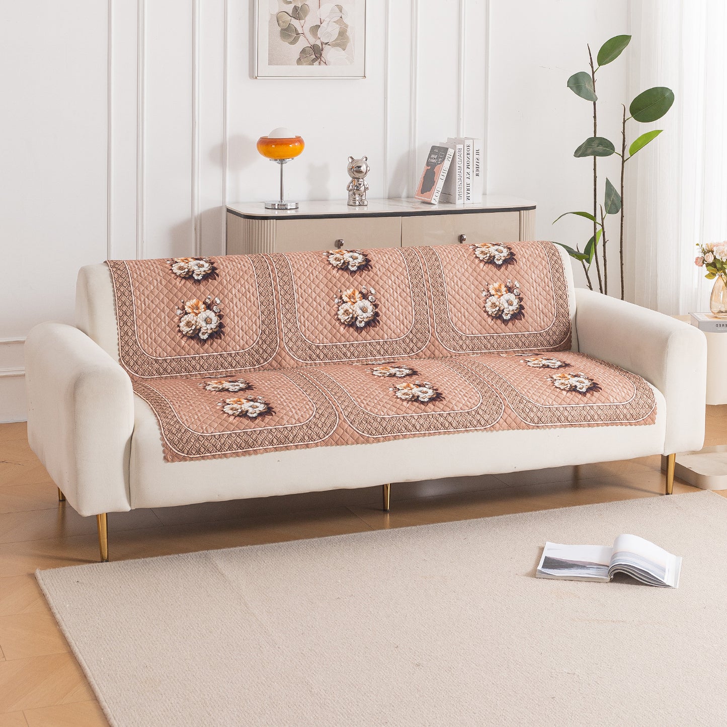 LoomVerse Quilted Sofa Cover Set Washable Sofa Panel for Seat & Back - Vintage Rosette