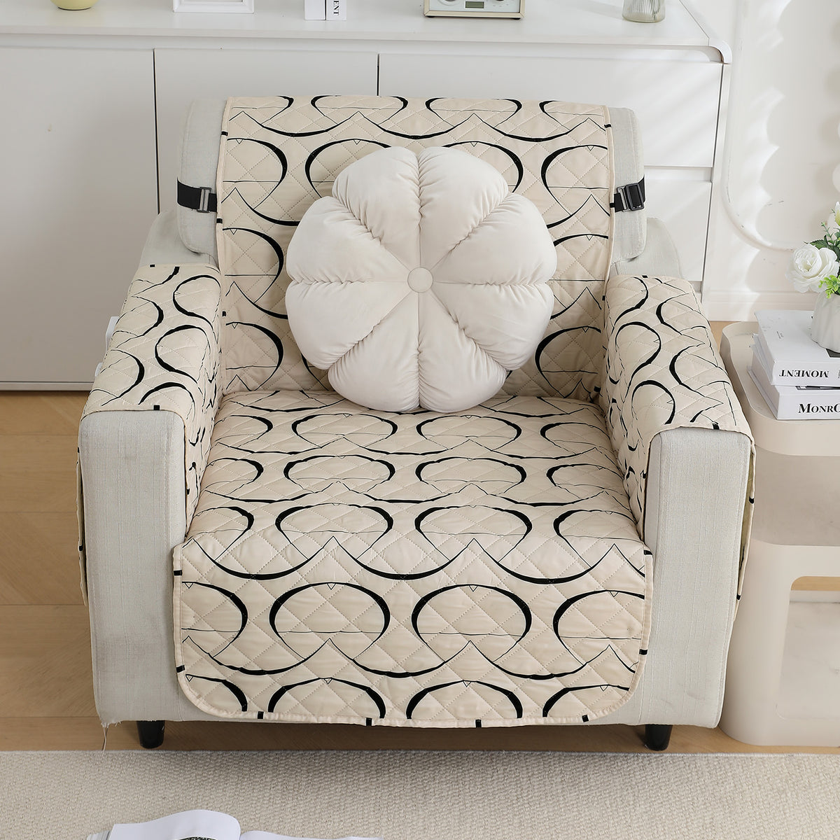 Waterproof & Quick-Dry Quilted Sofa Cover with Pockets on Armrest, Natural Beige Abstract Art