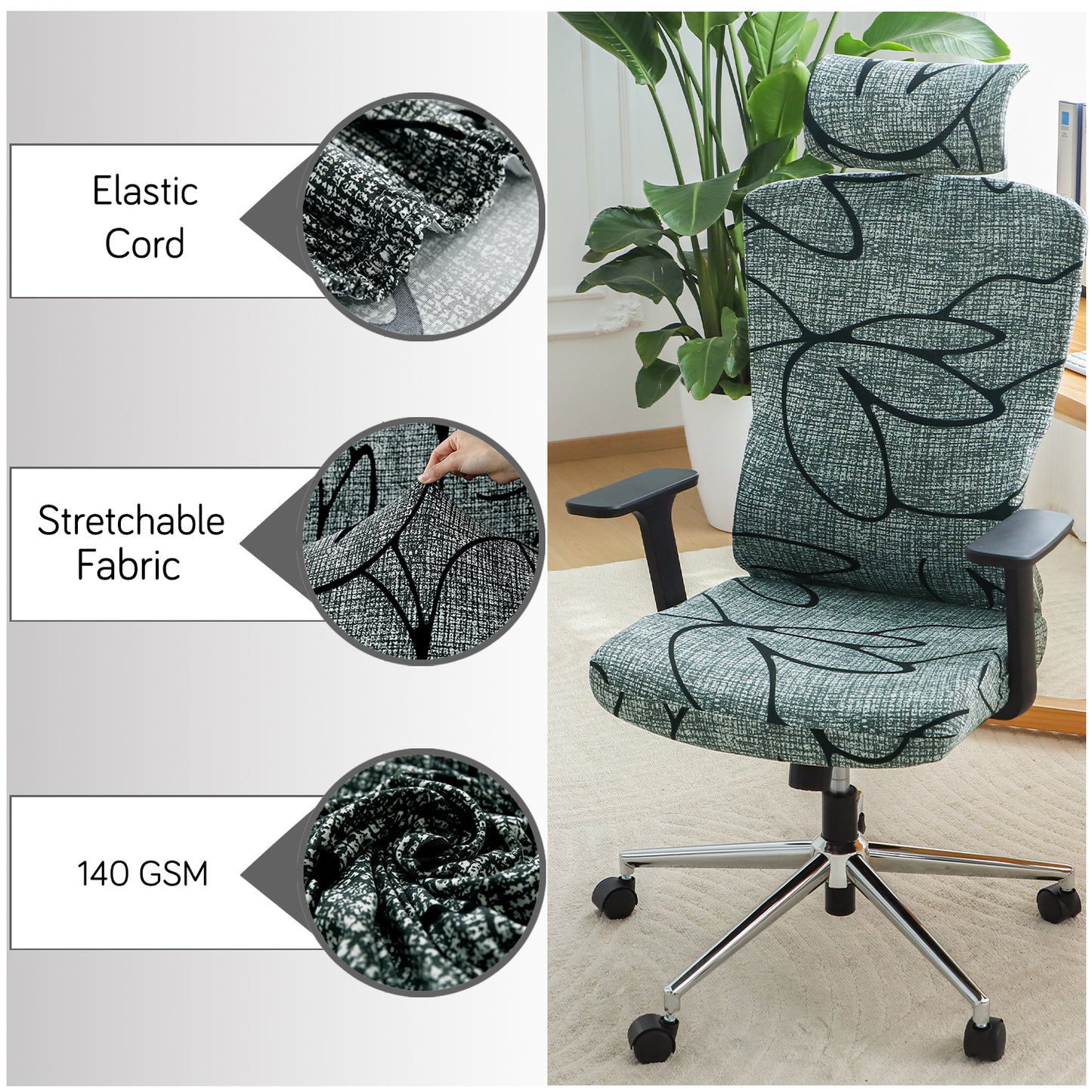 Printed Office Chair Cover with Headrest (High-Back) – 140 GSM Stretch Fabric – Washable, Anti-Slip Fit for Ergonomic Mesh Office Chairs, Intense Grey Abstract Floral