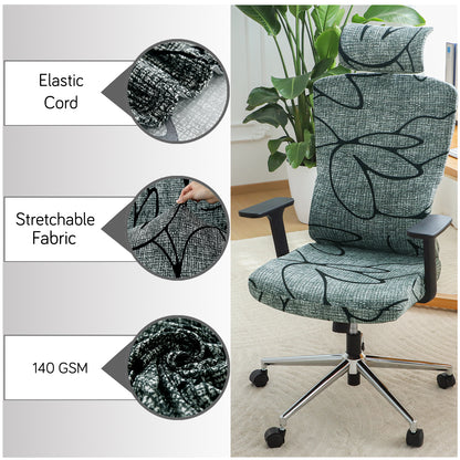 Printed Office Chair Cover with Headrest (High-Back) – 140 GSM Stretch Fabric – Washable, Anti-Slip Fit for Ergonomic Mesh Office Chairs, Intense Grey Abstract Floral
