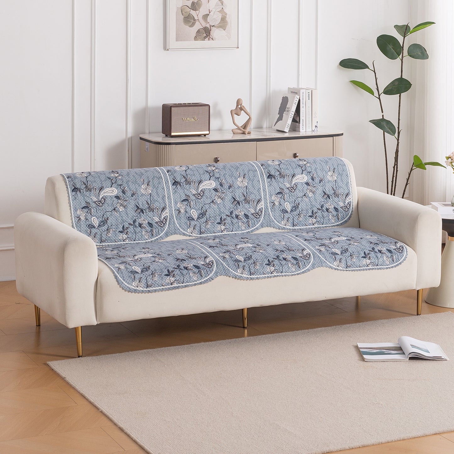 HeavenHue Fleece Soft Touch Quilted Sofa Cover Set Washable Sofa Panel for Seat & Back - Frosted Petals