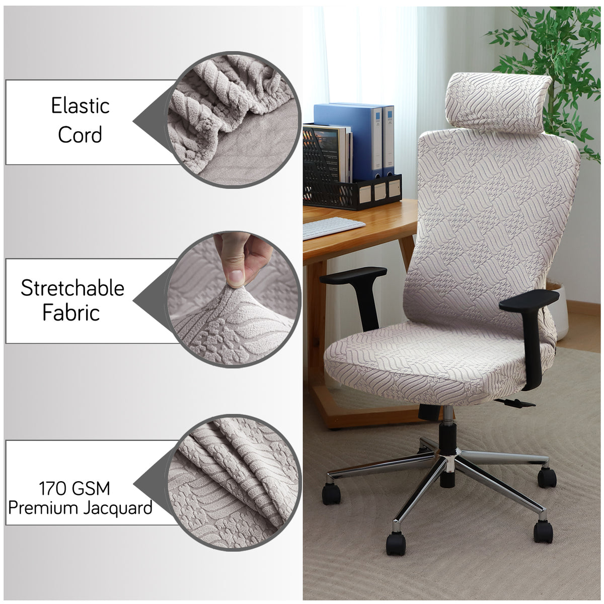 Office Chair Cover with Headrest (High-Back) – 170 GSM Stretch Jacquard – Washable, Anti-Slip Fit for Ergonomic Mesh Office Chairs, Taupe Brown