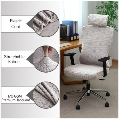 Office Chair Cover with Headrest (High-Back) – 170 GSM Stretch Jacquard – Washable, Anti-Slip Fit for Ergonomic Mesh Office Chairs, Taupe Brown