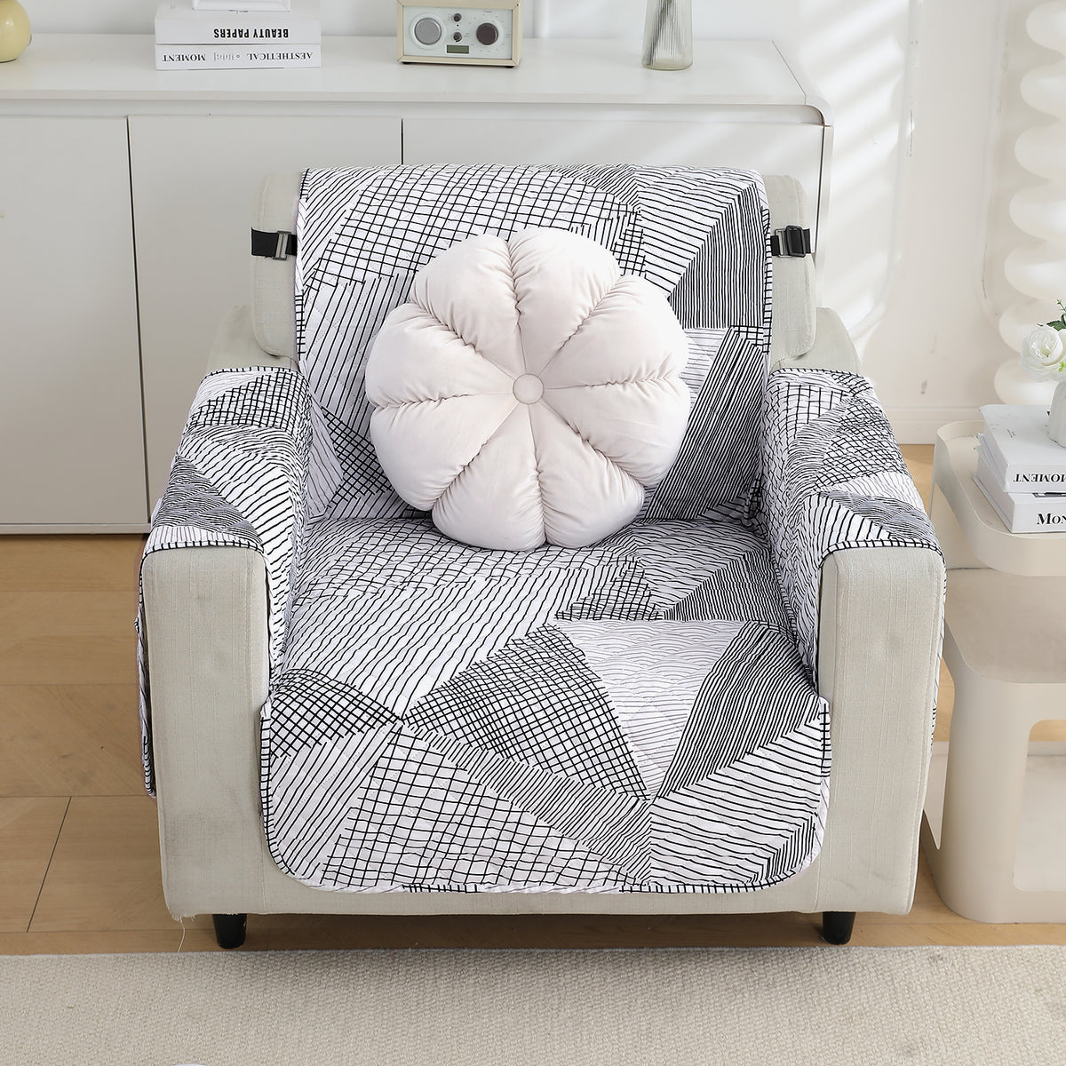 Waterproof & Quick-Dry Quilted Sofa Cover with Pockets on Armrest, Snow White Black Geometry