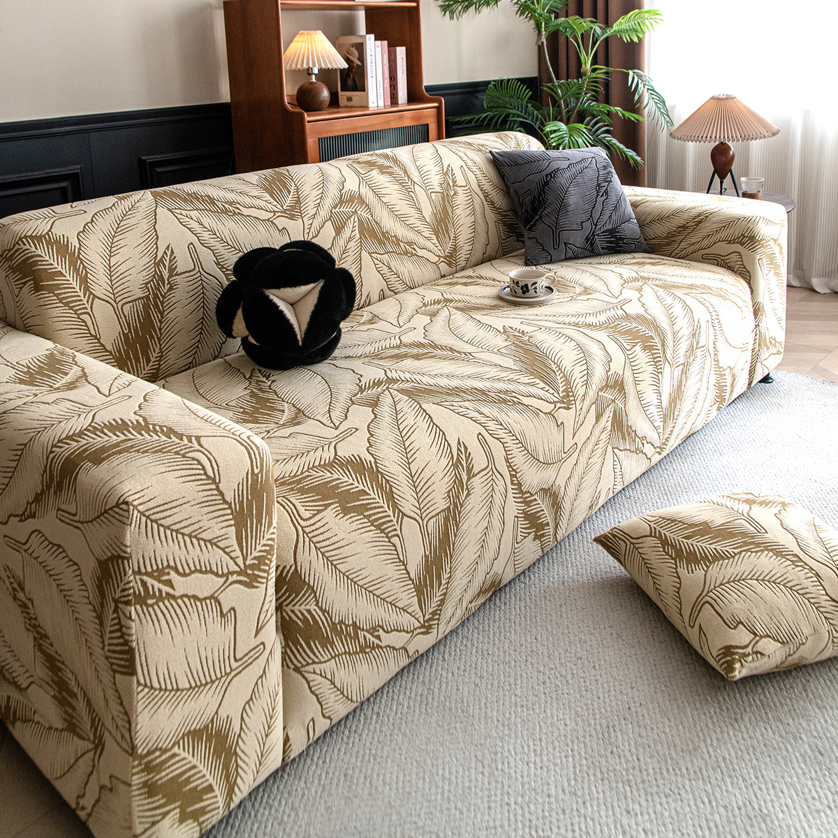 Buy beige colour elastic stretchable dual tone series knitting jacquard sofa cover​s