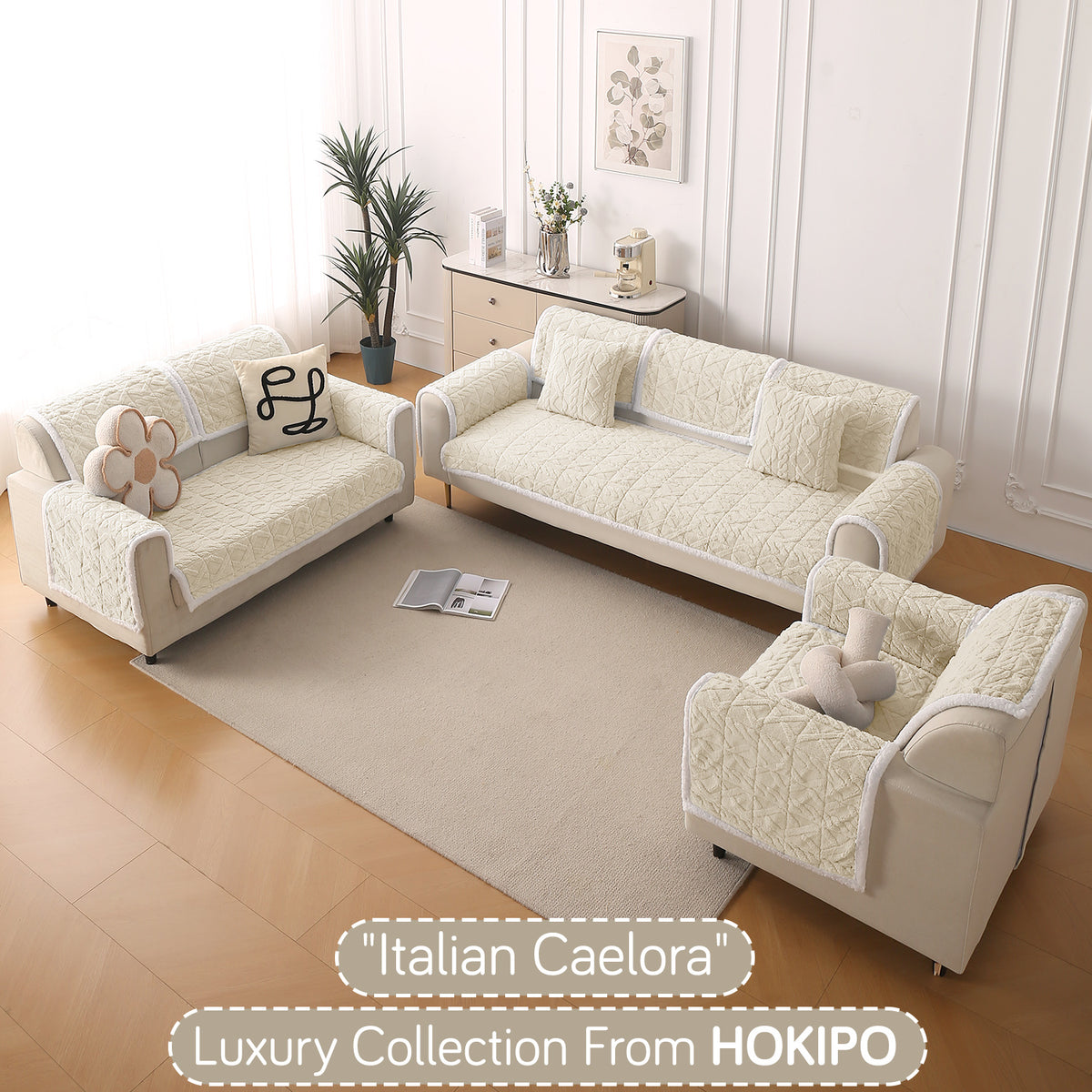'Italian Caelora' Luxury Jacquard Plush Anti-Slip Sofa Cover Mat - Pearl White