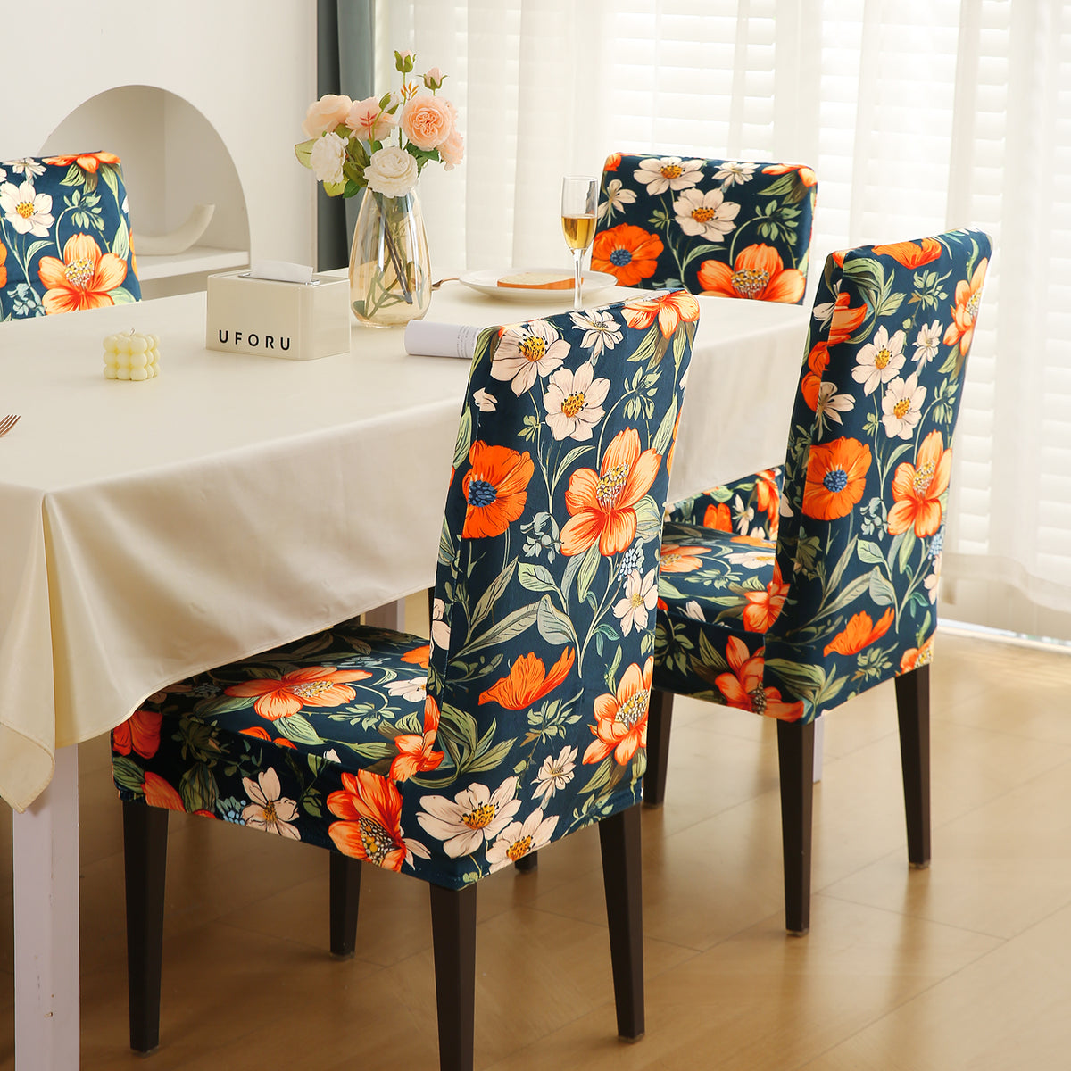 Premium Printed Velvet Dining Chair Cover Set, Teal Twilight Garden