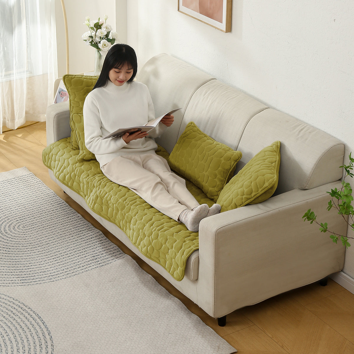 Premium Pebble Milk Velvet Anti Slip Sofa Mats, Pristine Green
