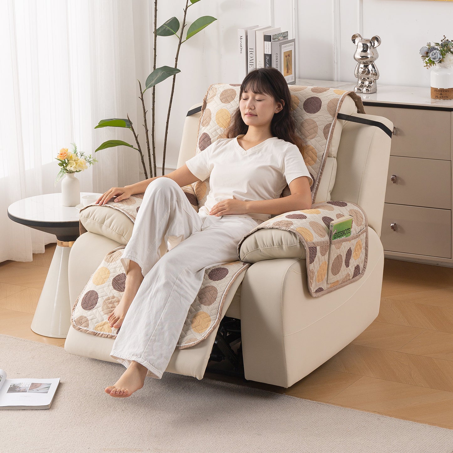 Quilted Cover for Recliner Sofa with SecureFit Belt & Side Pocket, Brown Polka Dot