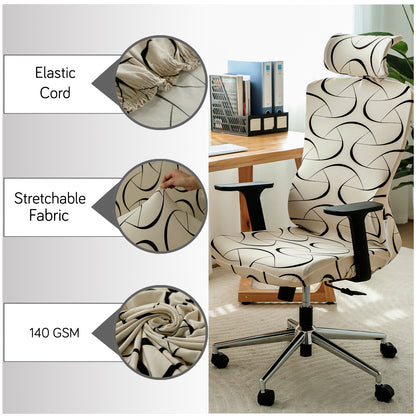 Printed Office Chair Cover with Headrest (High-Back) – 140 GSM Stretch Fabric – Washable, Anti-Slip Fit for Ergonomic Mesh Office Chairs, Natural Beige Abstract Art