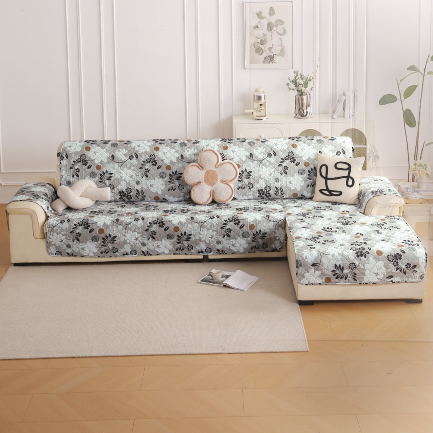Elira Series Quilted One-Piece L Shape Sofa Cover Mat with Left and Right Chaise, Feather Brown Floral