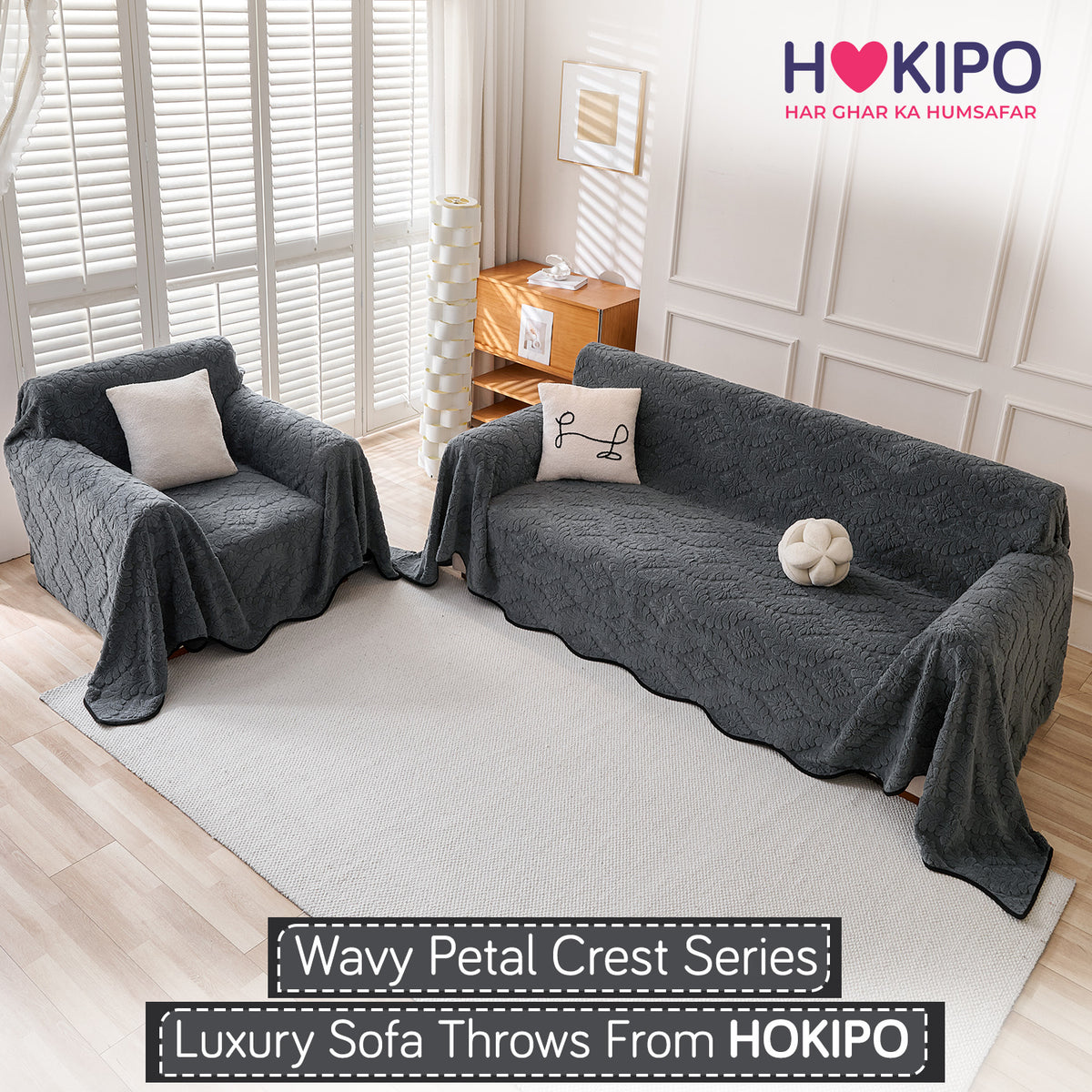 'Wavy Petal Crest Series' Plush Sofa Cover Throw for Complete Sofa, Charcoal Grey