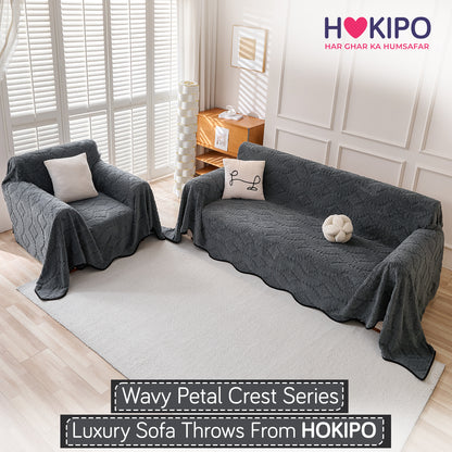 'Wavy Petal Crest Series' Plush Sofa Cover Throw for Complete Sofa, Charcoal Grey