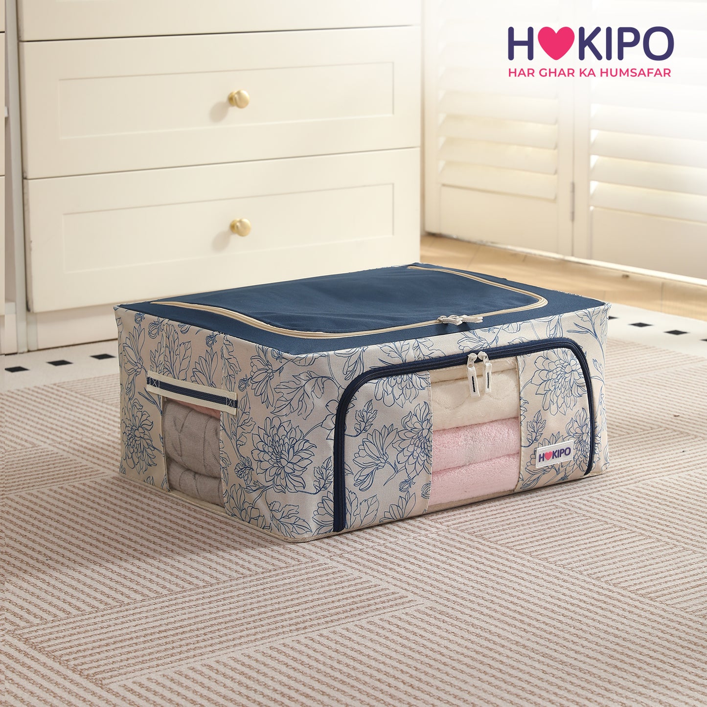 Foldable Cloth Storage Organizer for Wardrobe, Blue Blossom