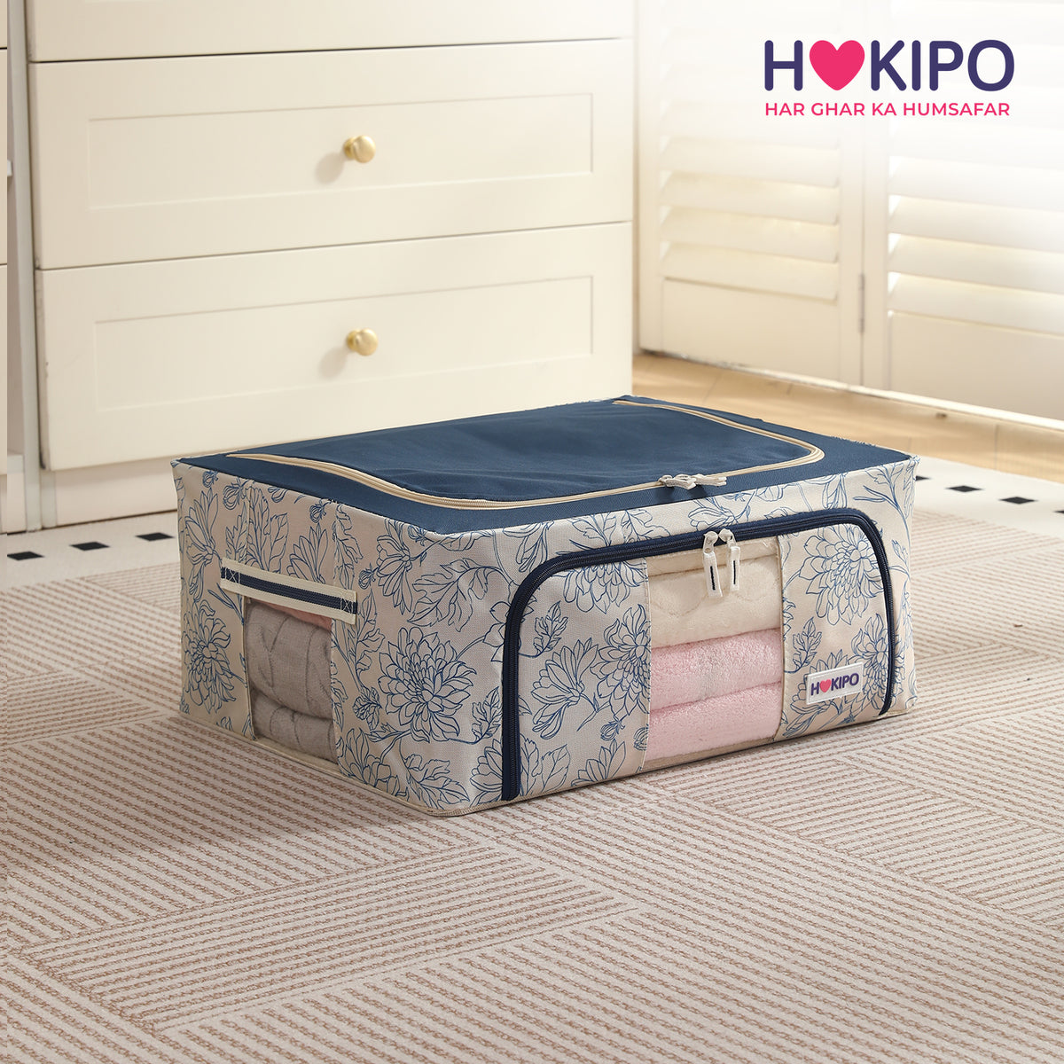 Foldable Cloth Storage Organizer for Wardrobe, Blue Blossom