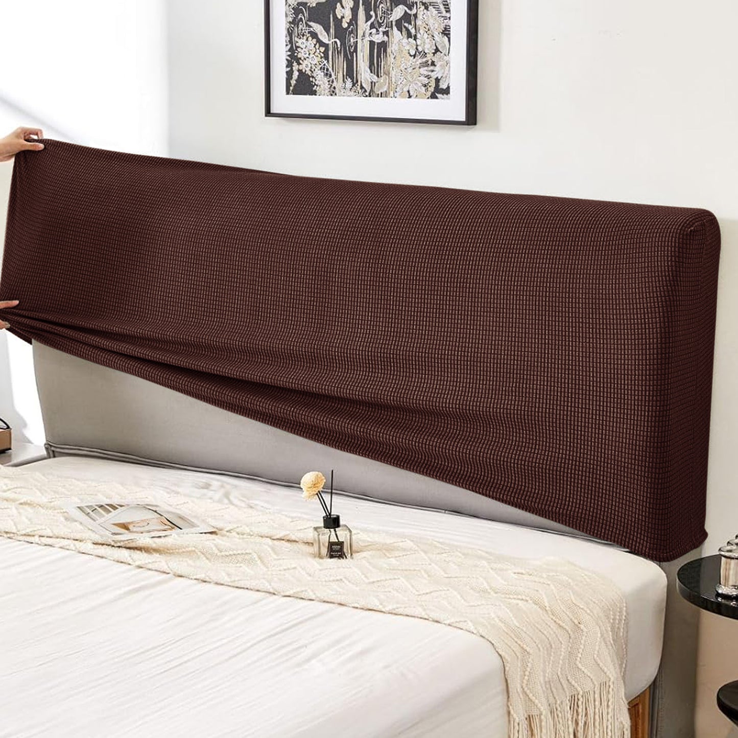 HOKIPO Jacquard Stretchable Bed Headboard Cover, Dark Brown