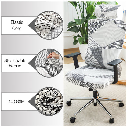 Printed Office Chair Cover with Headrest (High-Back) – 140 GSM Stretch Fabric – Washable, Anti-Slip Fit for Ergonomic Mesh Office Chairs, Snow White Black Geometry