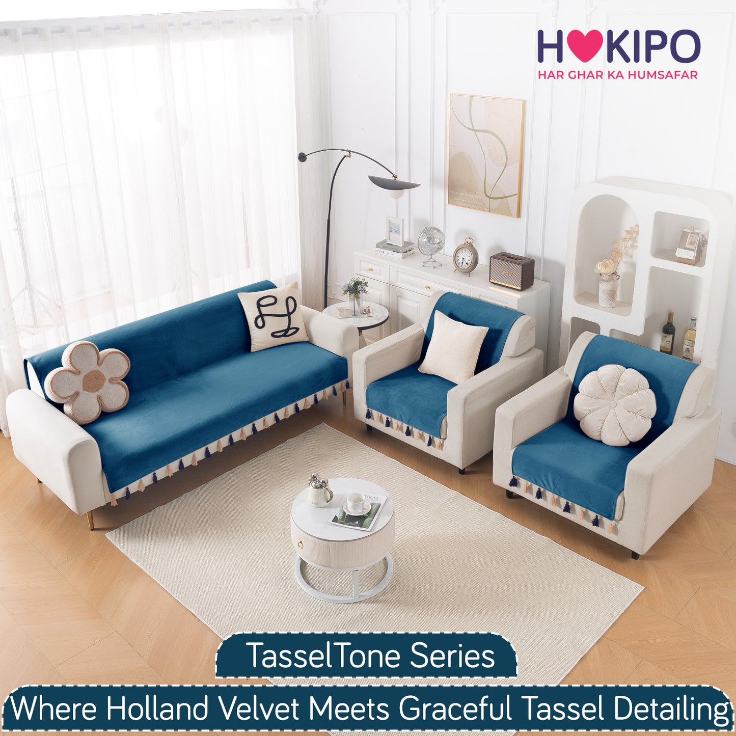 Holland Velvet 5-Seater Sofa Cover (3+1+1), TasselTone Series | Sea Blue