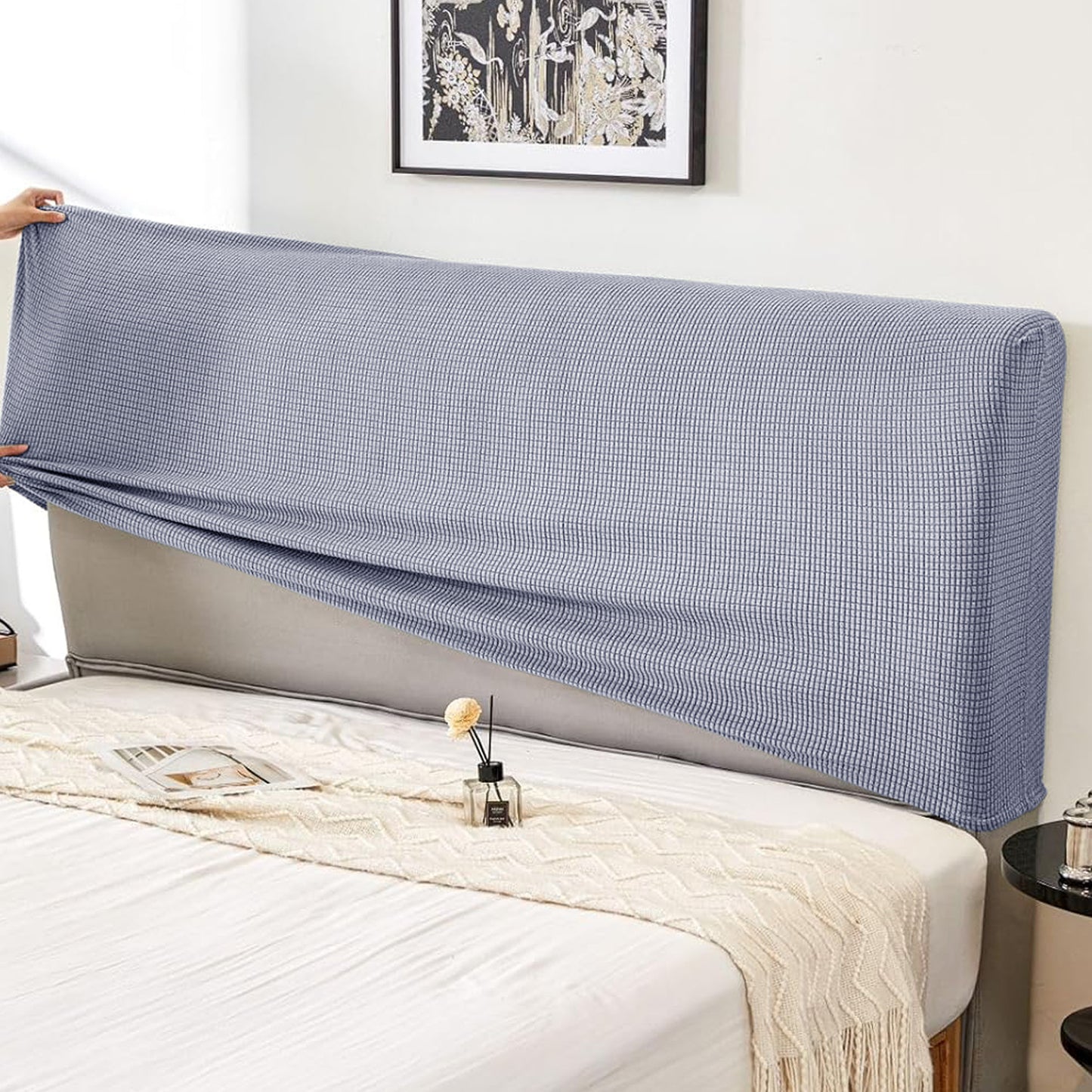HOKIPO Jacquard Stretchable Bed Headboard Cover, Light Grey