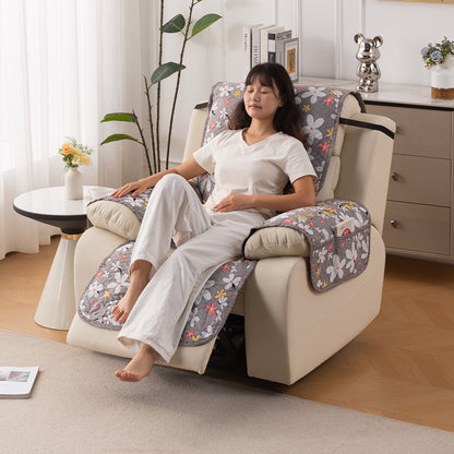 Quilted Cover for Recliner Sofa with SecureFit Belt & Side Pocket, Pastel Brown Sandwort Flower