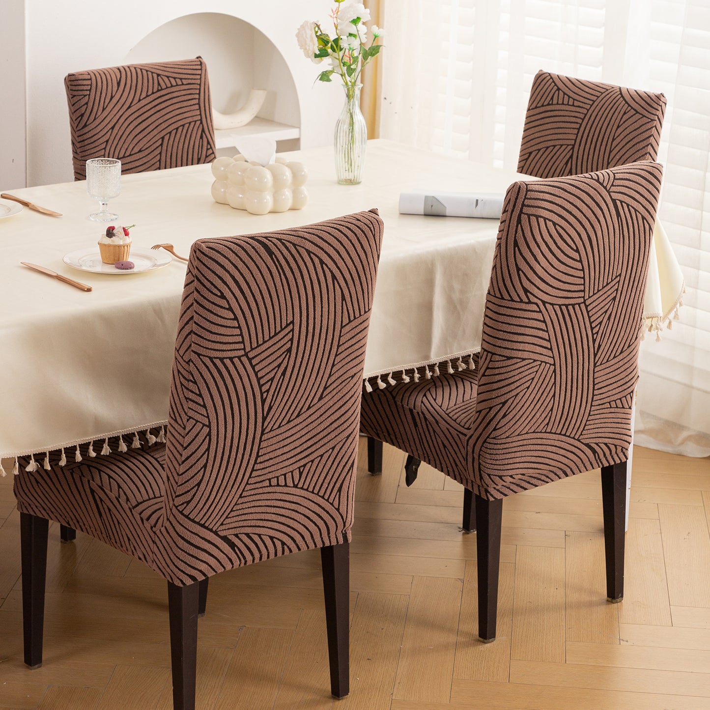 WaveLine Series 180 GSM Jacquard Chair Cover Set of 1/2/4/6, Rust Brown
