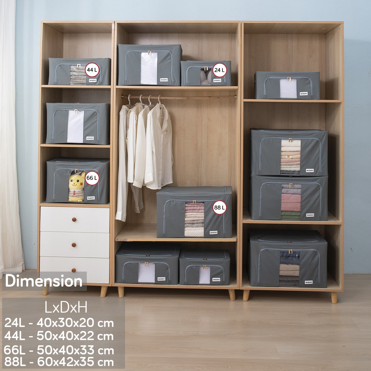 Wardrobe Organizer 600D Oxford Fabric Cloth Storage Box, 24 ltr / 44 ltr / 66 ltr / 88 ltr, Grey