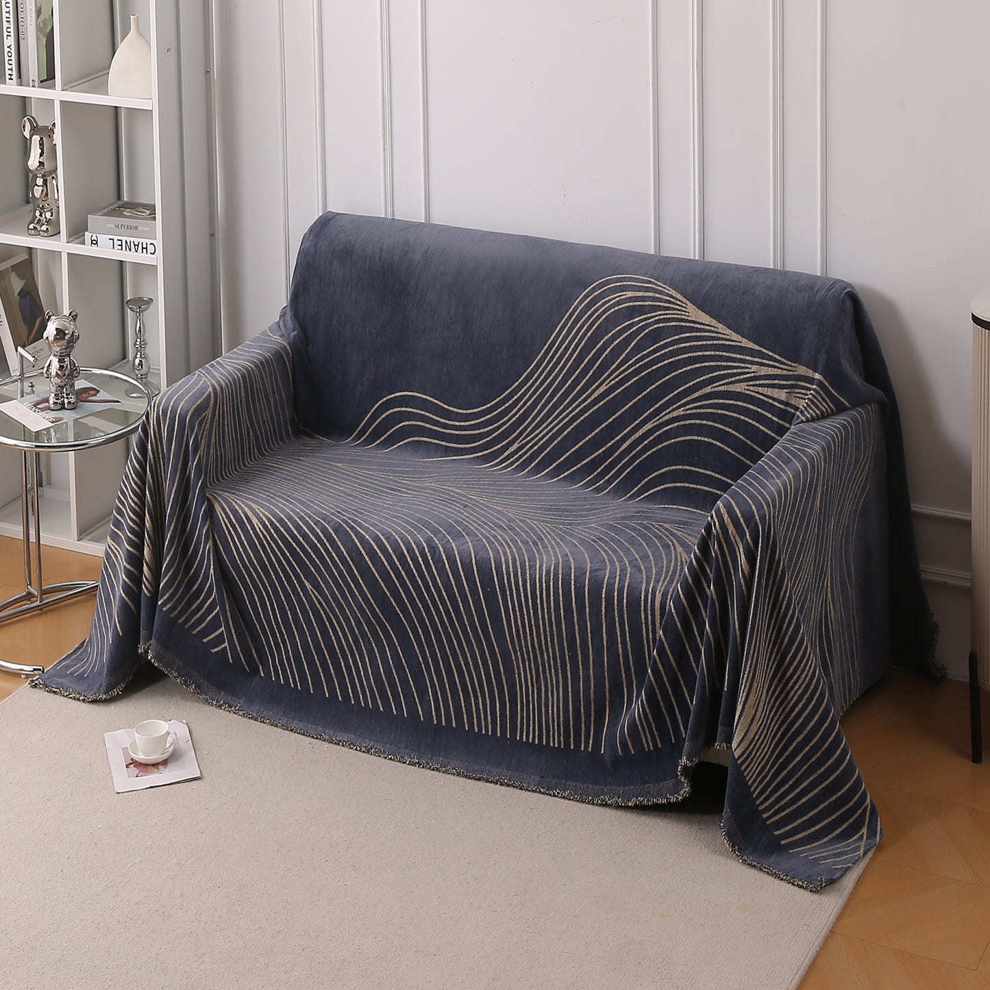 WaveLoom Collection Printed Chenille Sofa Cover Throw Blanket, Dark Grey