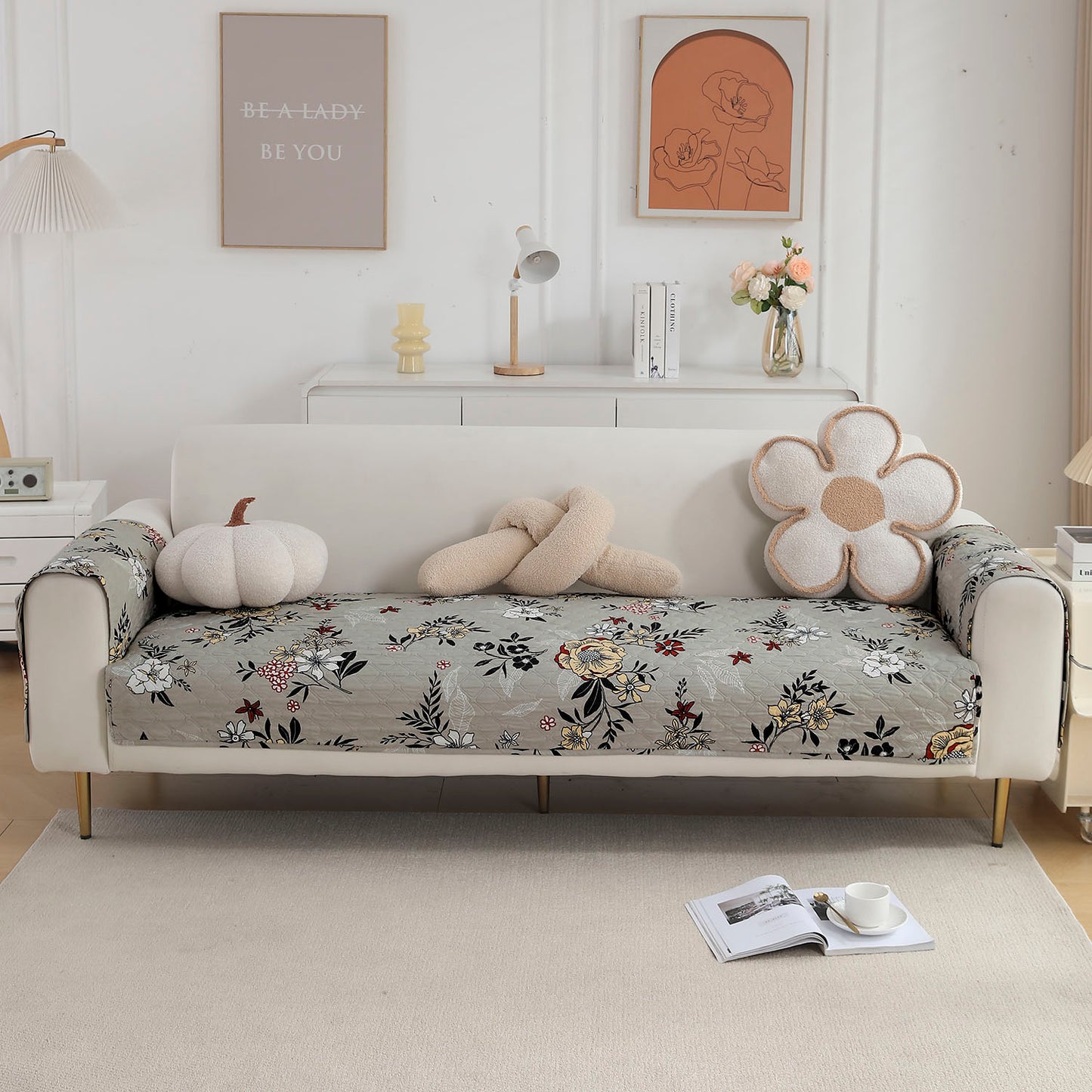 Quilted Sofa Seat Mat with Two Armrest Covers with Pockets for 1/2/3 Seater Sofa, Floral Ash Grey