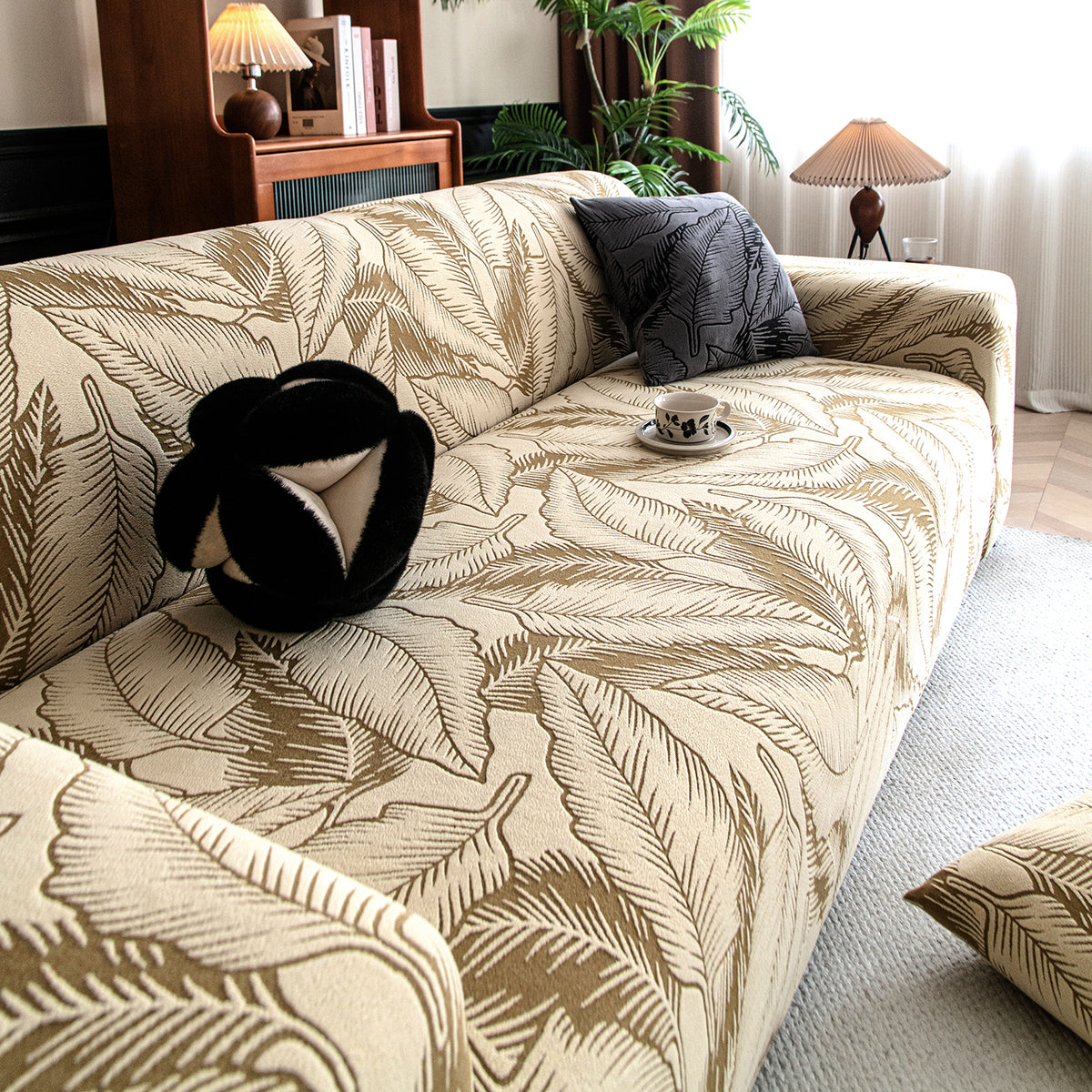 Buy beige colour dual tone series knitting jacquard sofa cover - 3 seater