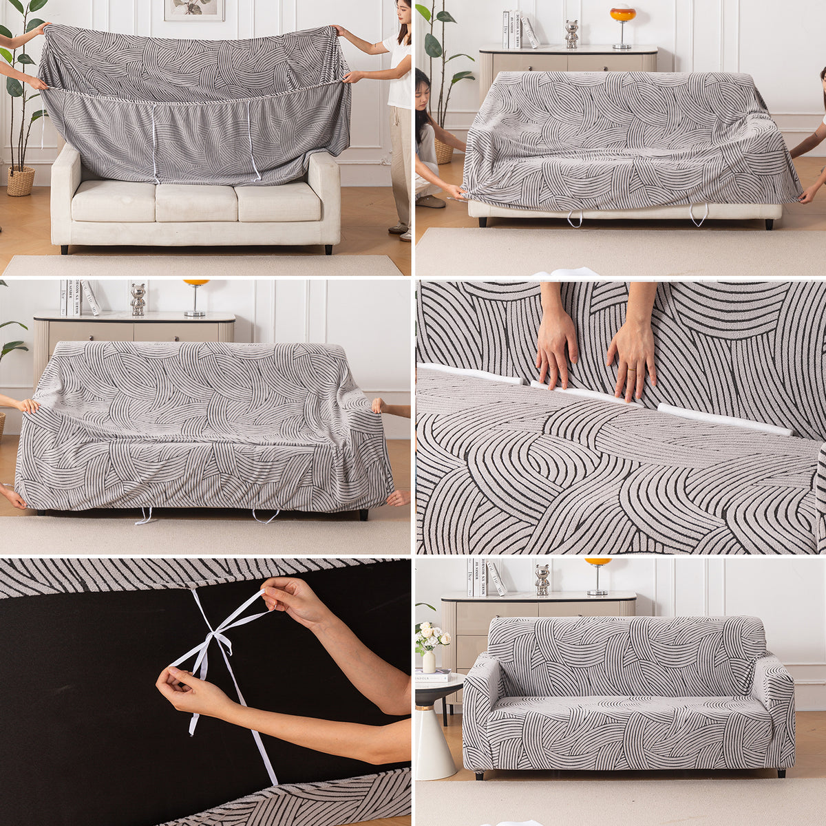 guide on how to put on classic white colour waveline series jacquard elastic stretchable sofa cover | HOKIPO