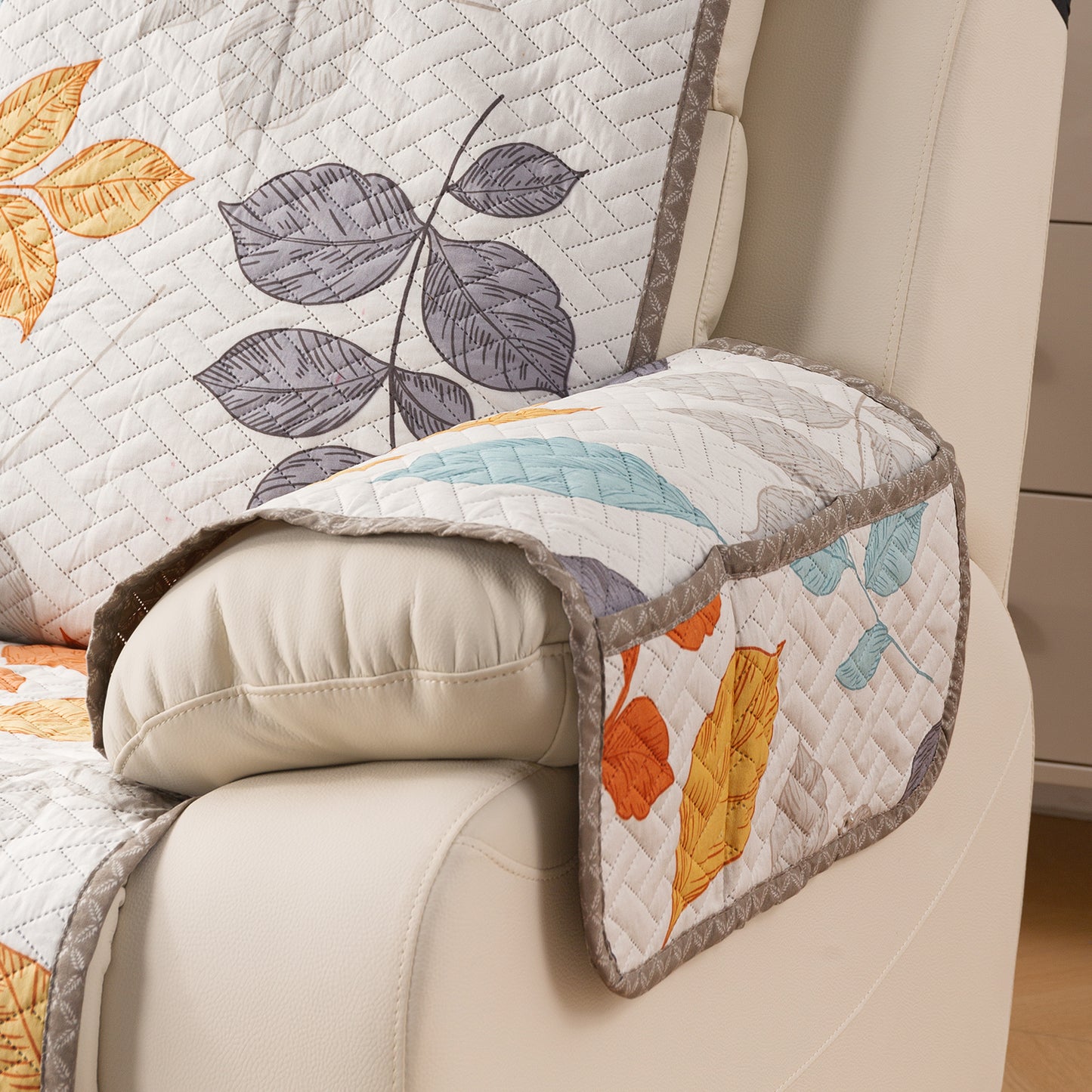 Quilted Cover for Recliner Sofa with SecureFit Belt & Side Pocket, Multicolor Leaves
