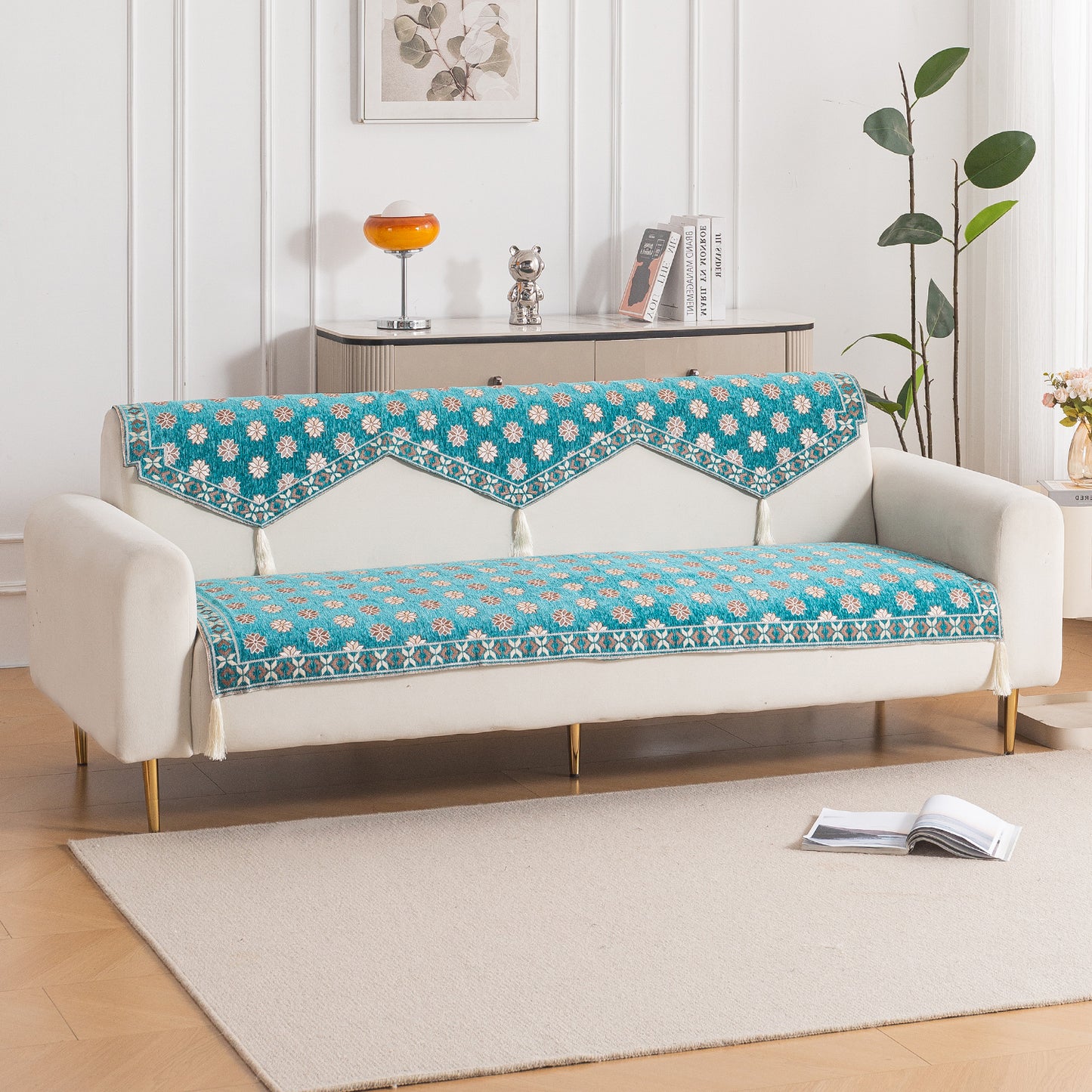 Heritage Weave Premium Jacquard Sofa Cover Set with Tassels - Emerald Teal
