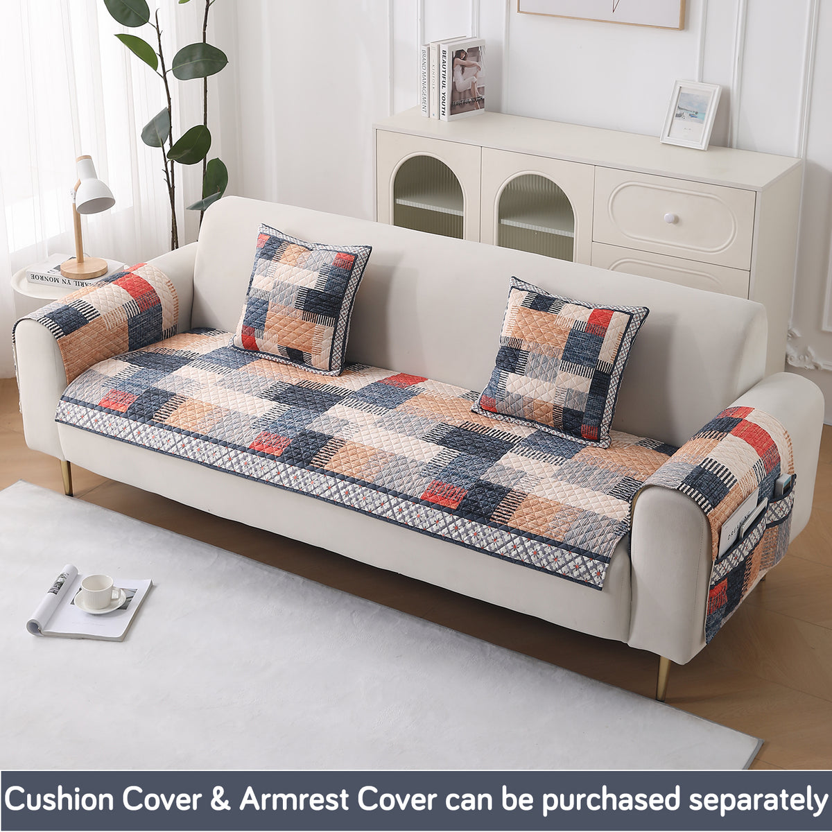 LiefNest Holland Velvet Sofa Cover Mat with Foam Filling -  Urban Grid Multicolor
