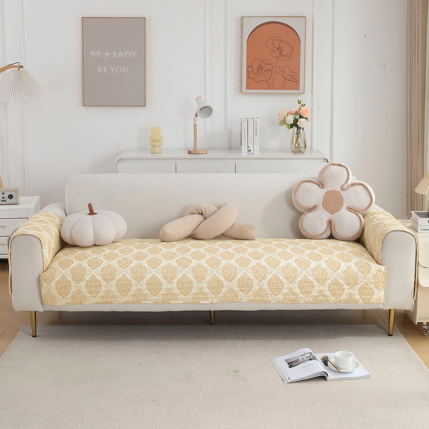 Quilted Sofa Seat Mat with Two Armrest Covers with Pockets for 1/2/3 Seater Sofa, Ogee Ivory