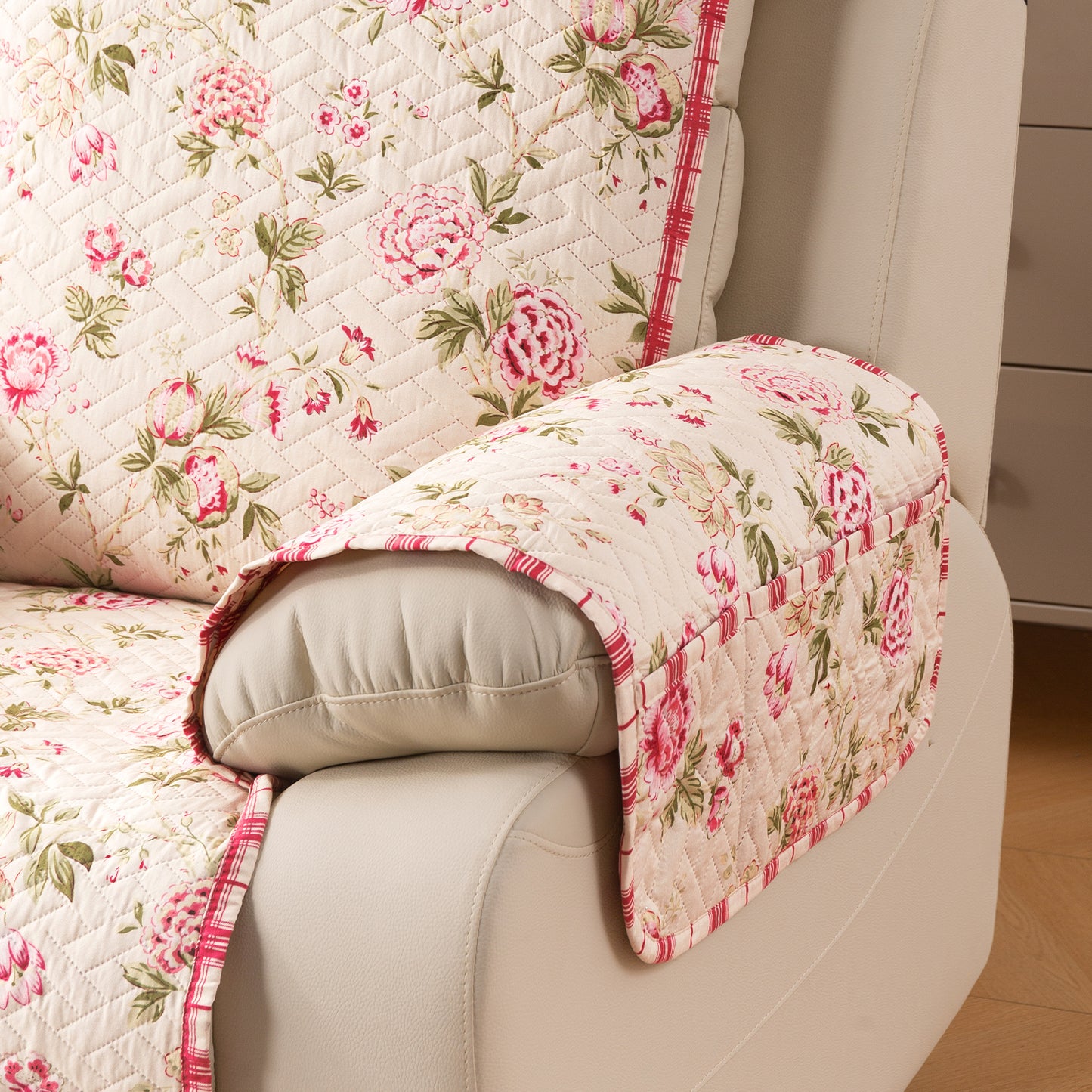 Quilted Cover for Recliner Sofa with SecureFit Belt & Side Pocket, Beige Peonies
