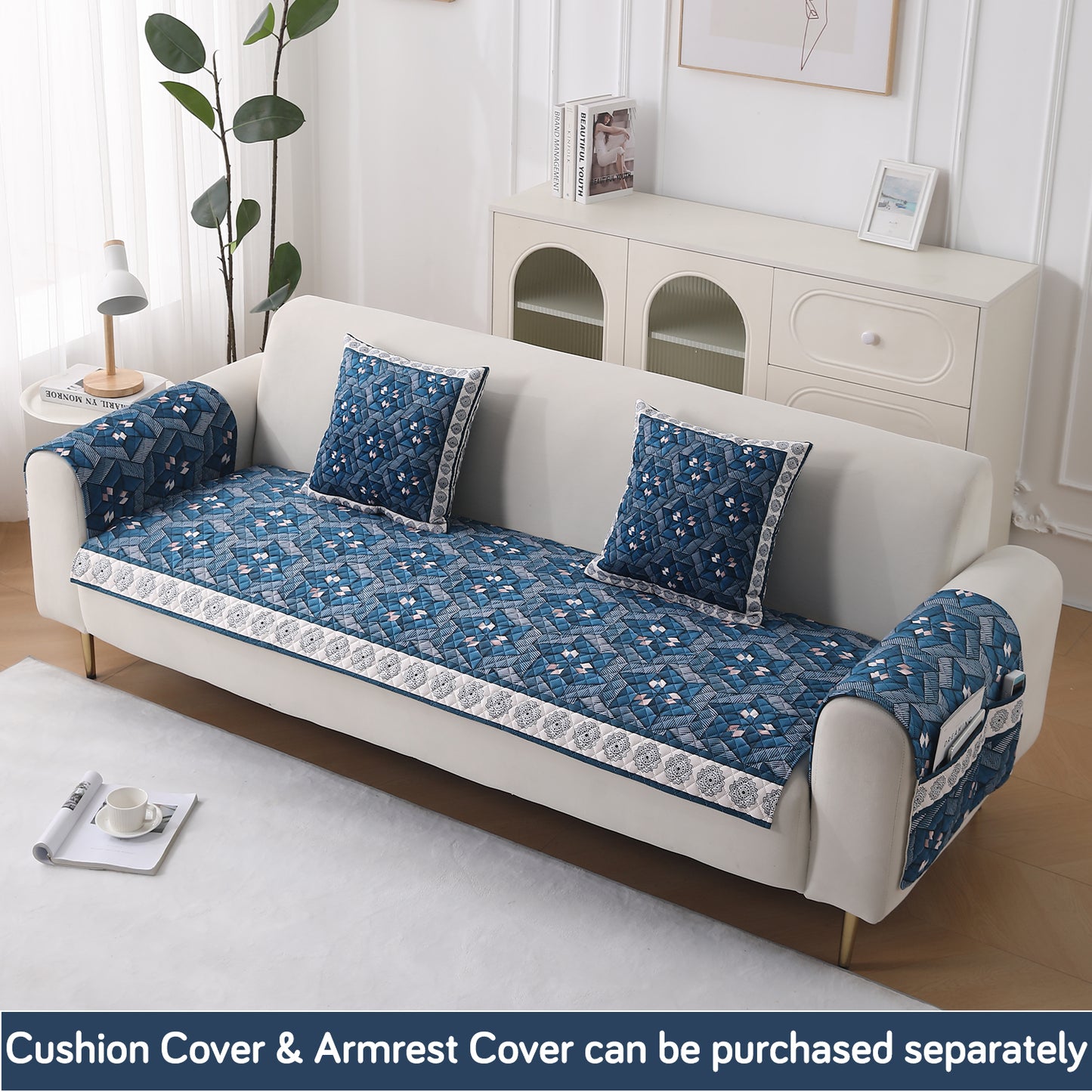 LiefNest Holland Velvet Sofa Cover Mat with Foam Filling - Geometric Floral Oriental Blue