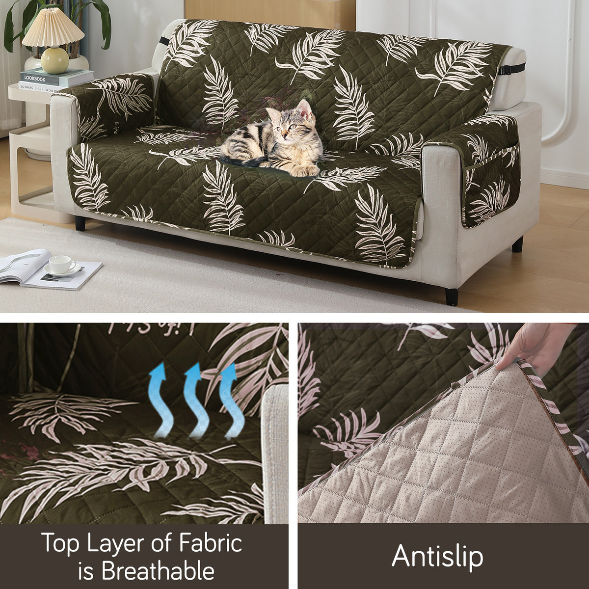 Quilted Waterproof Sofa Cover Mat with Pockets on Armrest Cover - Palm Leaves Olive