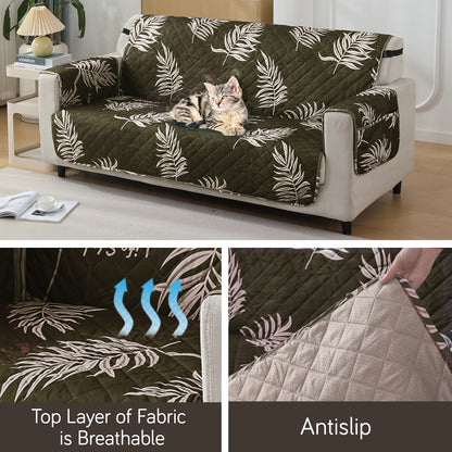 Quilted Waterproof Sofa Cover Mat with Pockets on Armrest Cover - Palm Leaves Olive