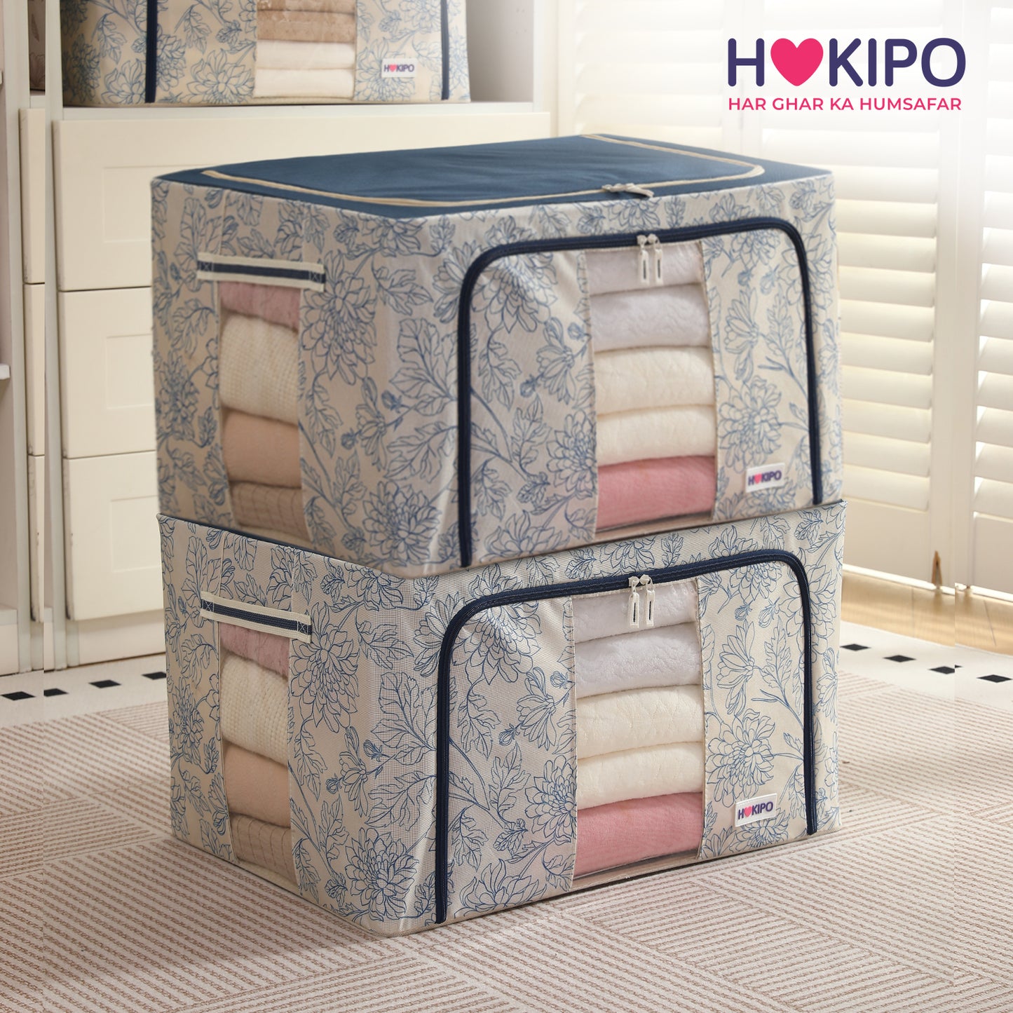 Foldable Cloth Storage Organizer for Wardrobe, Blue Blossom
