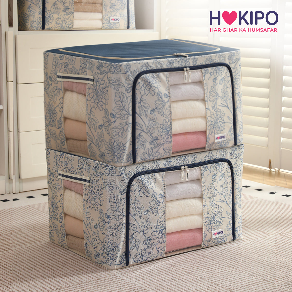 Foldable Cloth Storage Organizer for Wardrobe, Blue Blossom