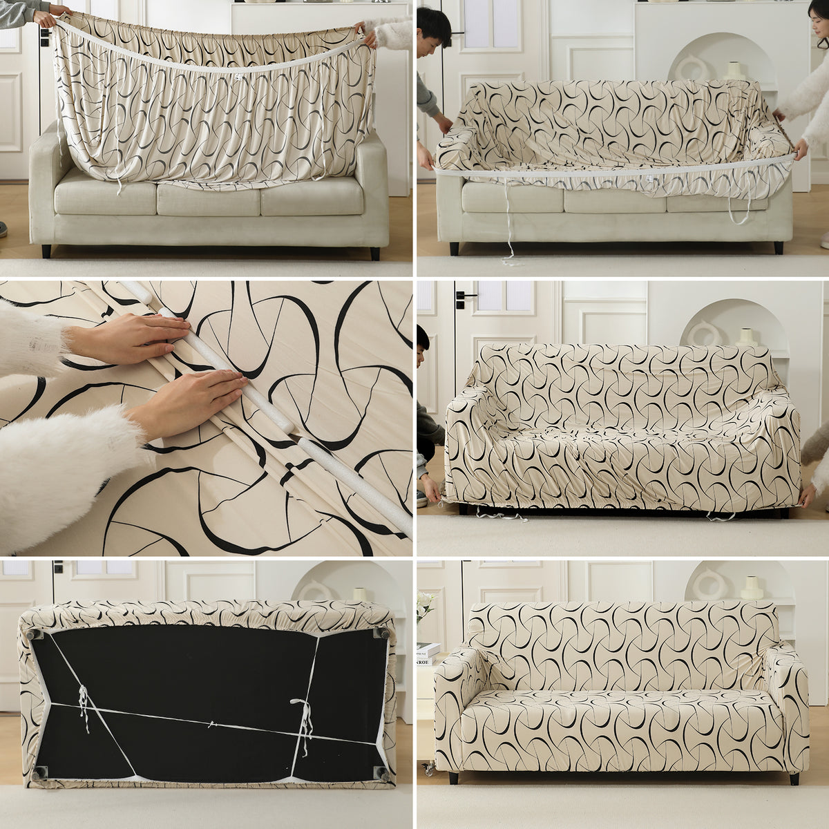 Step-by-step guide on How to put on Natural Beige Abstract Art Print elastic sofa cover

