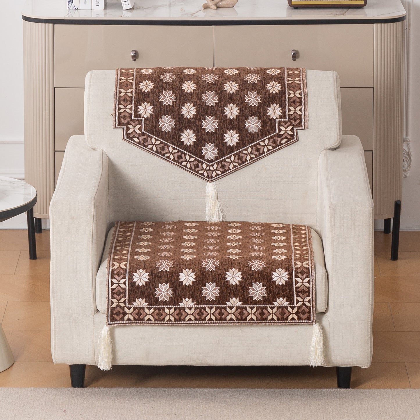 Heritage Weave Premium Jacquard Sofa Cover Set with Tassels - Russet Brown