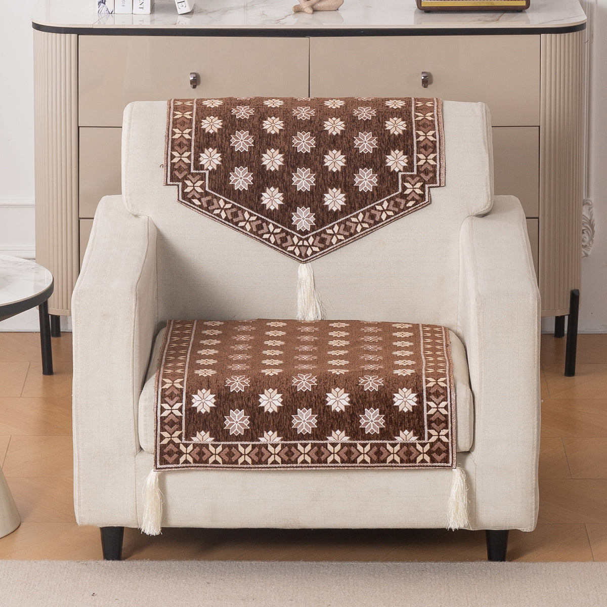 Heritage Weave Premium Jacquard Sofa Cover Set with Tassels - Russet Brown