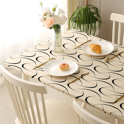 Printed Stretch Fit Water-Repellent & Anti-Slip Table Cloth Cover for 4 Seater / 6 Seater, Natural Beige Abstract Art
