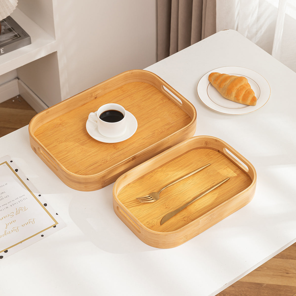 Bamboo Wooden Serving Tray Set with Handles | Set of 2