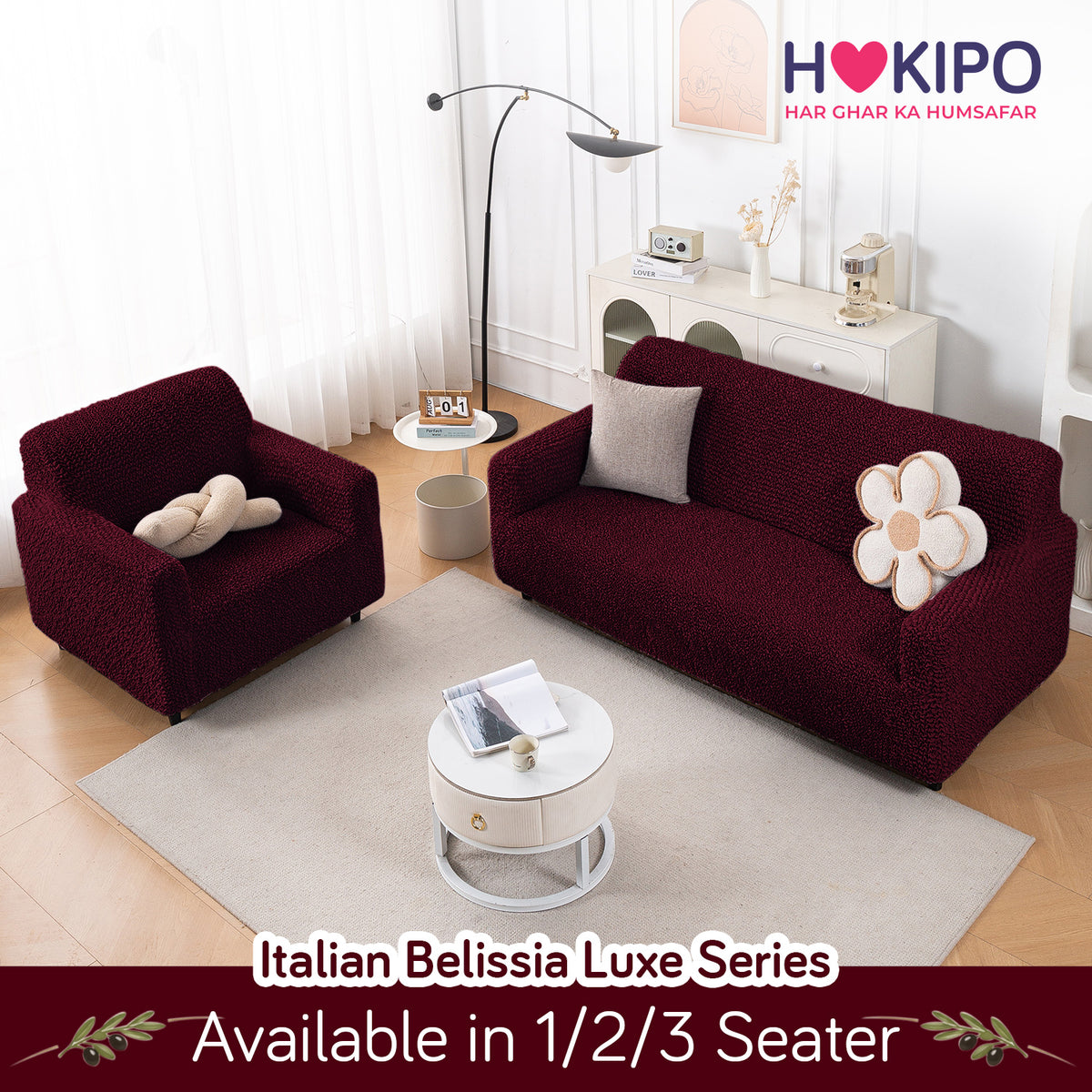 Italian Belissia Luxe Series' Super Stretchable Microfiber 1/2/3 Seater Sofa Cover, Merlot Wine